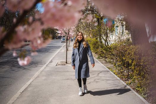 Sakura branches with flowers on a tree on the city streets. Happy woman girl in a gray palette walks along an alley with blooming sakura. Gorgeous fancy girl outdoors. Sakura tree blooming.
