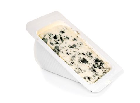 Piece of blue cheese in a package on white background