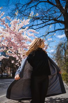 Sakura branches with flowers on a tree on the city streets. Happy woman girl spinning on the street with blooming sakura. Gorgeous fashionable girl outdoors. Sakura tree blossoms.