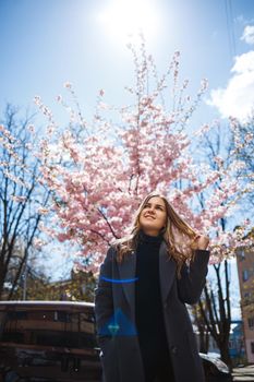 Sakura branches with flowers on a tree on the city streets. Stylish woman girl stands in the street with blooming sakura. Modern fashionable girl outdoors. Sakura tree blossoms.