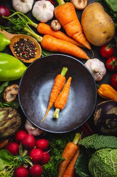 Two fresh farm carrots in vintage bowl and assorted organic vegetables on rustic black concrete background. Autumn harvest, vegetarian food or cooking clean healthy meal concept, top view