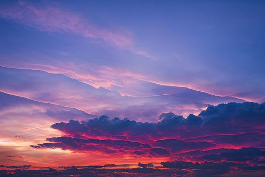 Beautiful pastel pink and purple skies and clouds at night as the sun sets. Beautiful sky and clouds