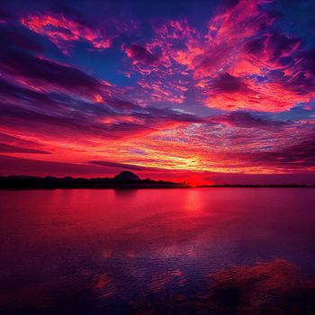 sunset at the beach with beautiful clouds in pink and red with reflections on the water. purple sky.
