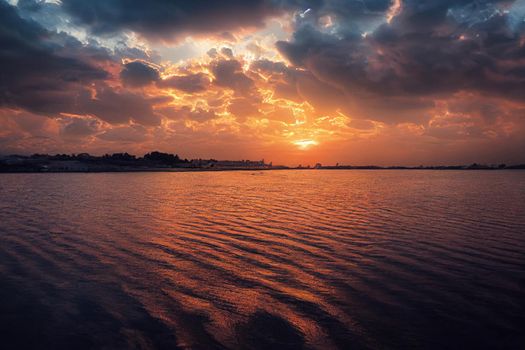 beautiful orange sunset on the shore of the beach. sunset sky.