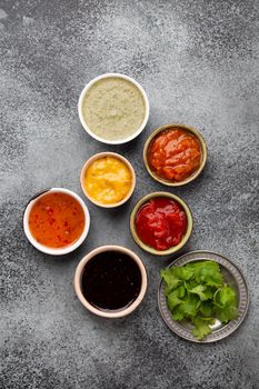 Assorted Indian chutneys in small rustic bowls on grey concrete background. Top view of colorful chutney, traditional Indian sauces and dips as a snack or side dish, close-up .