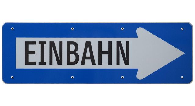 Einbahn translation one way road traffic sign isolated over white background, right arrow