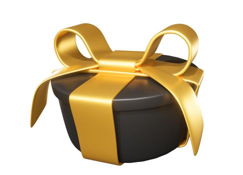 Realistic 3D Gift Black Box and Gold Bow on white.