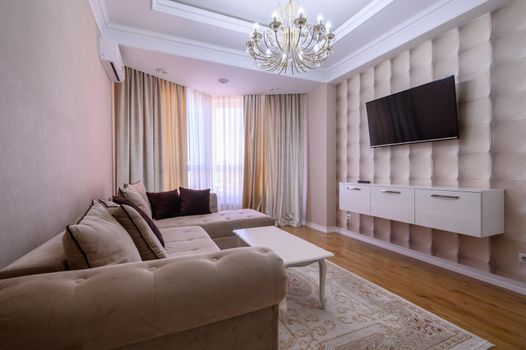 Luxury white and pink modern studio apartment interior with dining area, living area and bedroom