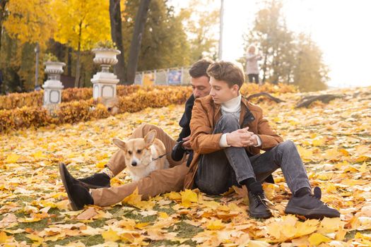 Father and son with a pet on a walk in the autumn park.