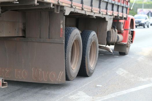 serra preta, bahia, brazil - september 13, 2022: truck traveling along the BA 052 highway in the city of Serra Preta.