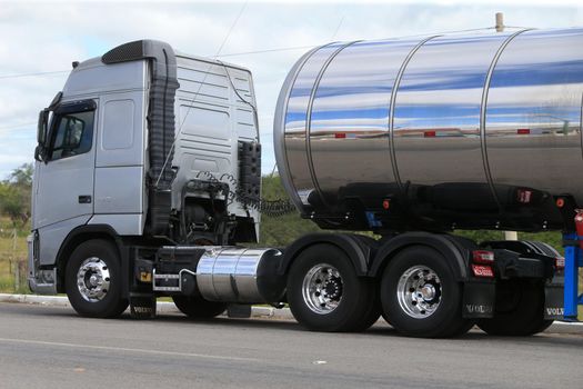 serra preta, bahia, brazil - september 13, 2022: truck traveling along the BA 052 highway in the city of Serra Preta.