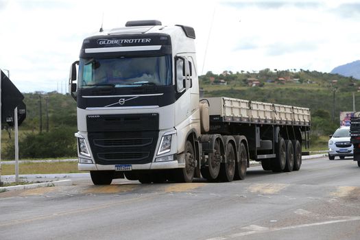 serra preta, bahia, brazil - september 13, 2022: truck traveling along the BA 052 highway in the city of Serra Preta.