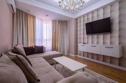 Luxury white and pink modern studio apartment interior with dining area, living area and bedroom