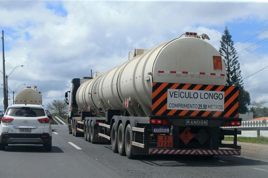 feira de santana, bahia, brazil - september 13, 2022: fuel tank truck traveling along the BR 324 highway in Feira de Santana.