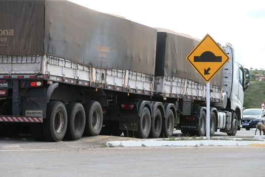 serra preta, bahia, brazil - september 13, 2022: truck traveling along the BA 052 highway in the city of Serra Preta.