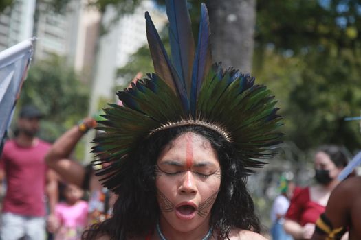 salvador, bahia, brazil - september 7, 2022: Indigenous people of the Pataxo ethnicity protest during the cry of the excluded in downtown Salvador.