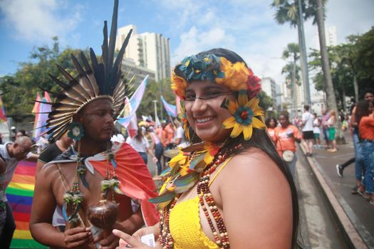 salvador, bahia, brazil - september 7, 2022: Indigenous people of the Pataxo ethnicity protest during the cry of the excluded in downtown Salvador.