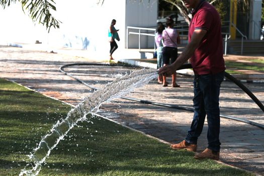 santana, bahia, brazil - september 13, 2022: gardener pours water with a hose in a garden of a public square in the city of Santana.