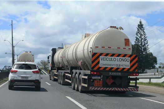 feira de santana, bahia, brazil - september 13, 2022: fuel tank truck traveling along the BR 324 highway in Feira de Santana.