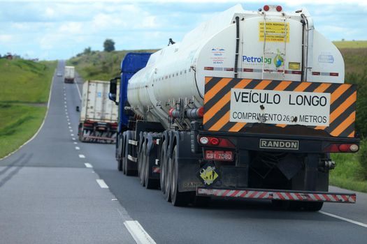 feira de santana, bahia, brazil - september 13, 2022: fuel tank truck traveling along the BR 324 highway in Feira de Santana.
