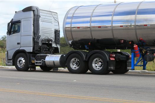 serra preta, bahia, brazil - september 13, 2022: truck traveling along the BA 052 highway in the city of Serra Preta.