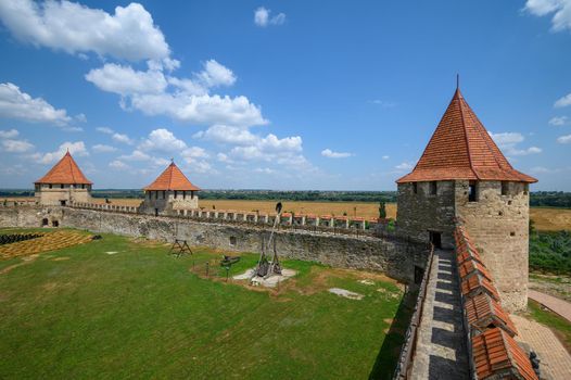 Tighina, Transnistria, Moldova - July 2021: Walls and towers of old medieval Turkish and Russian Bender Fortress on the Dniester river