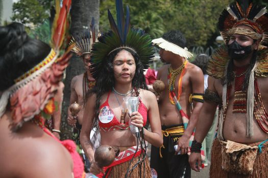 salvador, bahia, brazil - september 7, 2022: Indigenous people of the Pataxo ethnicity protest during the cry of the excluded in downtown Salvador.