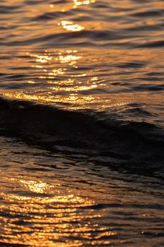 Ripple sea ocean water surface with golden sunset light. Sea waves close up