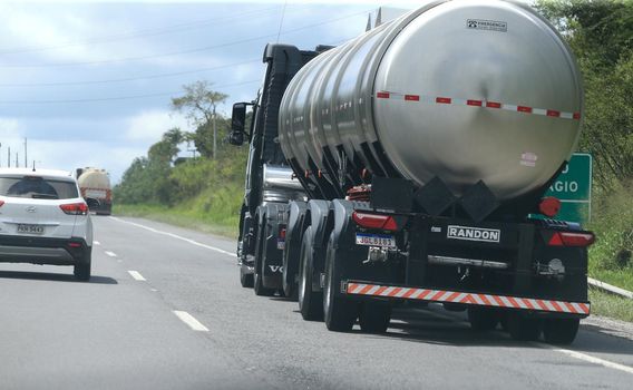 feira de santana, bahia, brazil - september 13, 2022: fuel tank truck traveling along the BR 324 highway in Feira de Santana.