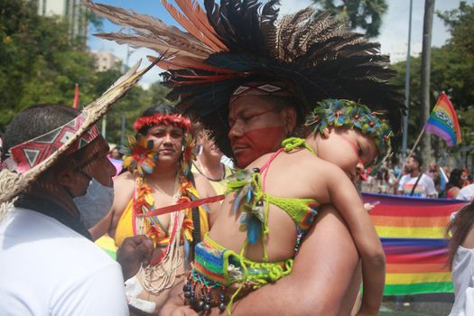 salvador, bahia, brazil - september 7, 2022: Indigenous people of the Pataxo ethnicity protest during the cry of the excluded in downtown Salvador.