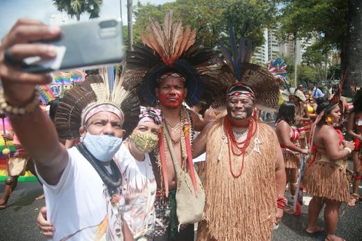 salvador, bahia, brazil - september 7, 2022: Indigenous people of the Pataxo ethnicity protest during the cry of the excluded in downtown Salvador.
