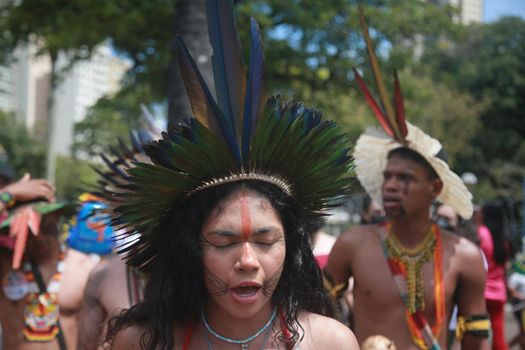 salvador, bahia, brazil - september 7, 2022: Indigenous people of the Pataxo ethnicity protest during the cry of the excluded in downtown Salvador.