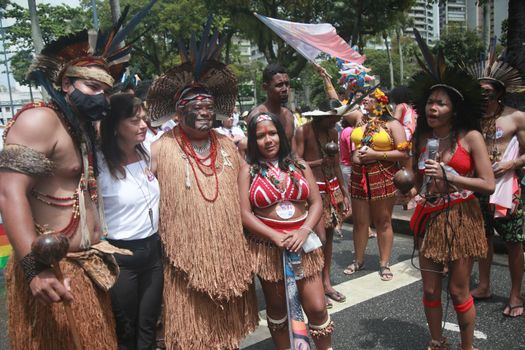 salvador, bahia, brazil - september 7, 2022: Indigenous people of the Pataxo ethnicity protest during the cry of the excluded in downtown Salvador.