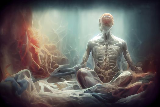 semi-transparent meditating human figure with mental fumes, neural network generated art. Digitally generated image. Not based on any actual scene or pattern.
