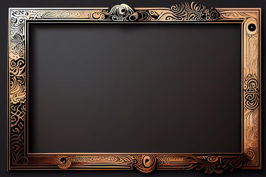 ornate black and gold rectangular picture frame mockup, neural network generated art. Digitally generated image. Not based on any actual scene or pattern.