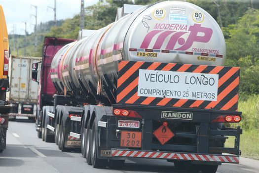 feira de santana, bahia, brazil - september 13, 2022: fuel tank truck traveling along the BR 324 highway in Feira de Santana.