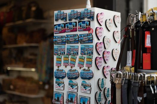 Cambrils, Spain : 2022 September 10 : Souvenirs in the summer in the tourist city of Cambrils in Catalonia.