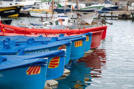 Cambrils, Spain : 2022 September 10 : Boats on the docks of the port of Cambril in the summer of 2022.