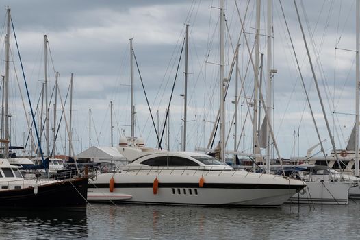 Cambrils, Spain : 2022 September 10 : Boats on the docks of the port of Cambril in the summer of 2022.