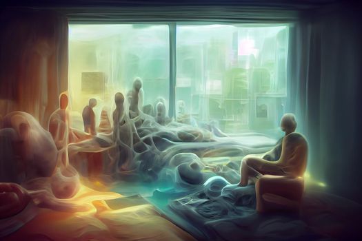 bizarre dreams or hallucinations of man in hospital room, neural network generated art. Digitally generated image. Not based on any actual scene or pattern.
