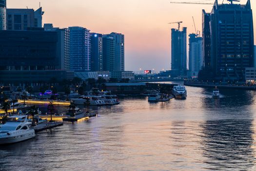 Dubai, UAE - 02.12.2021 Evening hour at Dubai water canal