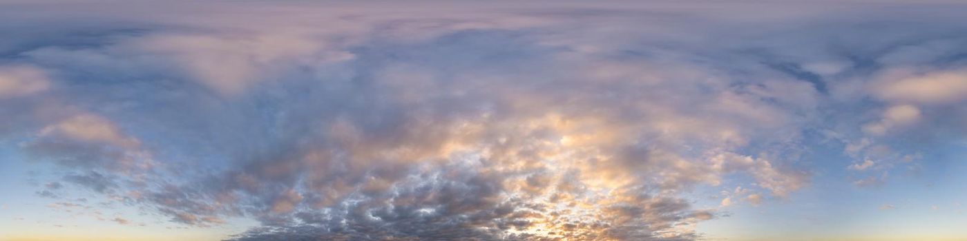 Dark blue sunset sky panorama with pink Cumulus clouds. Seamless hdr 360 pano in spherical equirectangular format. Full zenith for 3D visualization, game, sky replacement for aerial drone panoramas