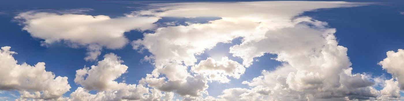 Sky panorama with Cirrus clouds in Seamless spherical equirectangular format. Full zenith for use in 3D graphics, game and editing aerial drone 360 degree panoramas for sky replacement