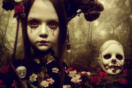 3D render of dolls in the gothic and creepy in halloween night. 
