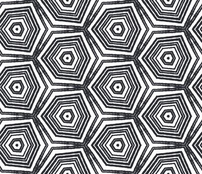 Ikat repeating swimwear design. Black symmetrical kaleidoscope background. Textile ready marvelous print, swimwear fabric, wallpaper, wrapping. Summer ikat sweamwear pattern.