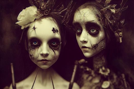 3D render of dolls in the gothic and creepy in halloween night. 