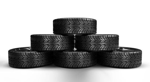 Six car tires folded by pyramid. 3D rendering illustration.
