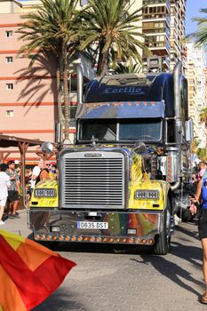 Alicante, Spain- September 11, 2022: Colorful large trailer in the middle of the street in Alicante, Spain