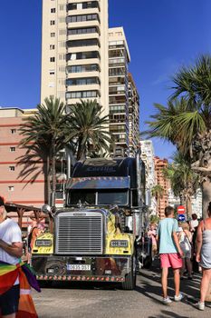 Alicante, Spain- September 11, 2022: Colorful large trailer in the middle of the street in Alicante, Spain