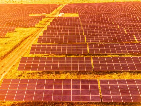 Aerial top view of a solar panels power plant. Photovoltaic solar panels at sunrise and sunset in countryside from above. Modern technology, climate care, earth saving, renewable energy concept